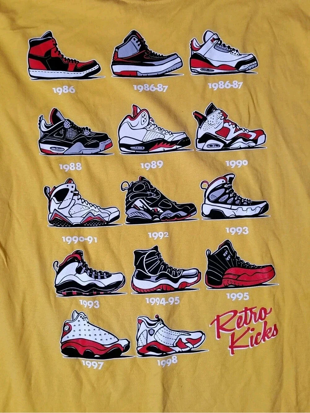 Retro Kicks Jordan Sneaker History Long Sleeve T Shirt Yellow Men's Size L